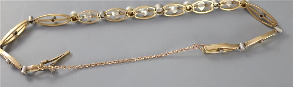 An Edwardian gold, old round and rose cut diamond and cultured? pearl set pierced oval link bracelet,